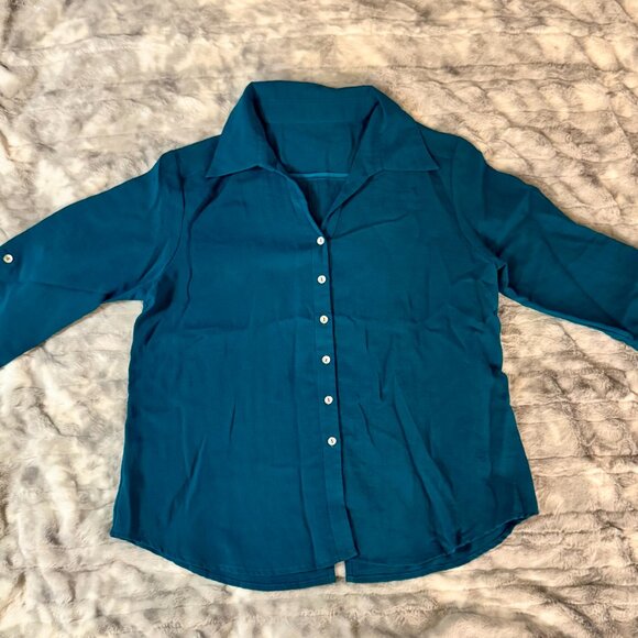 Fidaze 100% Linen Button Down Shirt Teal Blue 3/4 Sleeve Size Large - Picture 2 of 10
